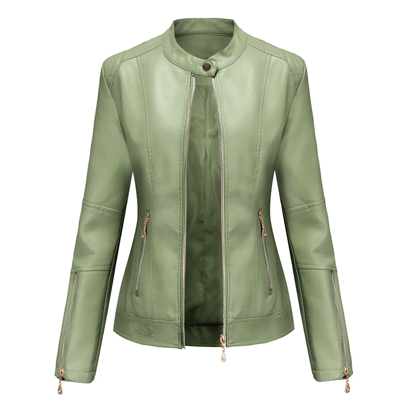 

Ladies Autumn And Winter Long Sleeve Solid Color PU Leather Short Jacket Stand Collar Womens Jackets for Fall Ski Jacket Womens