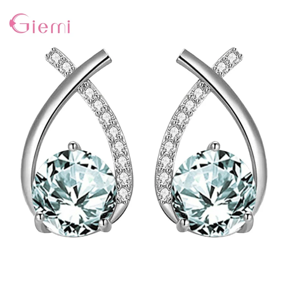 

Abstract Design Silver Earrings Pure 925 Silver Shiny Crystal Charm Stud Earrings For Women Girls Fine Jewelry