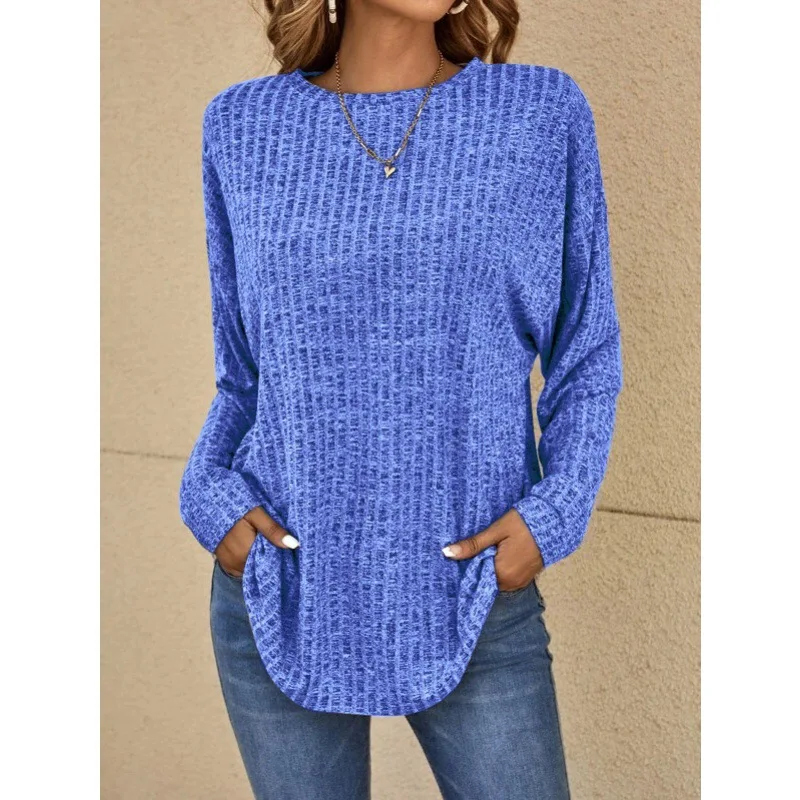 

2023 Autumn New Knitted Round Neck Sweater Women Pit Stripe Top Long Sleeve Solid Color Pullover Women Jumper