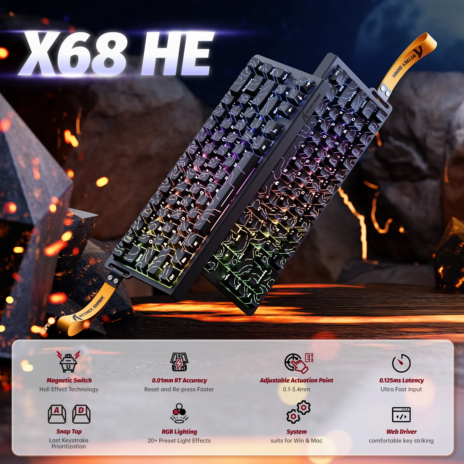 Фото ATTACK SHARK X68 HE Магнитная клавиатура с быстрым триггером 8 кГц, точность RT 0,01 мм, раскладка 60%, RGB, поддержка RT/защелкивающегося крана/DKS/MT/TGL №2