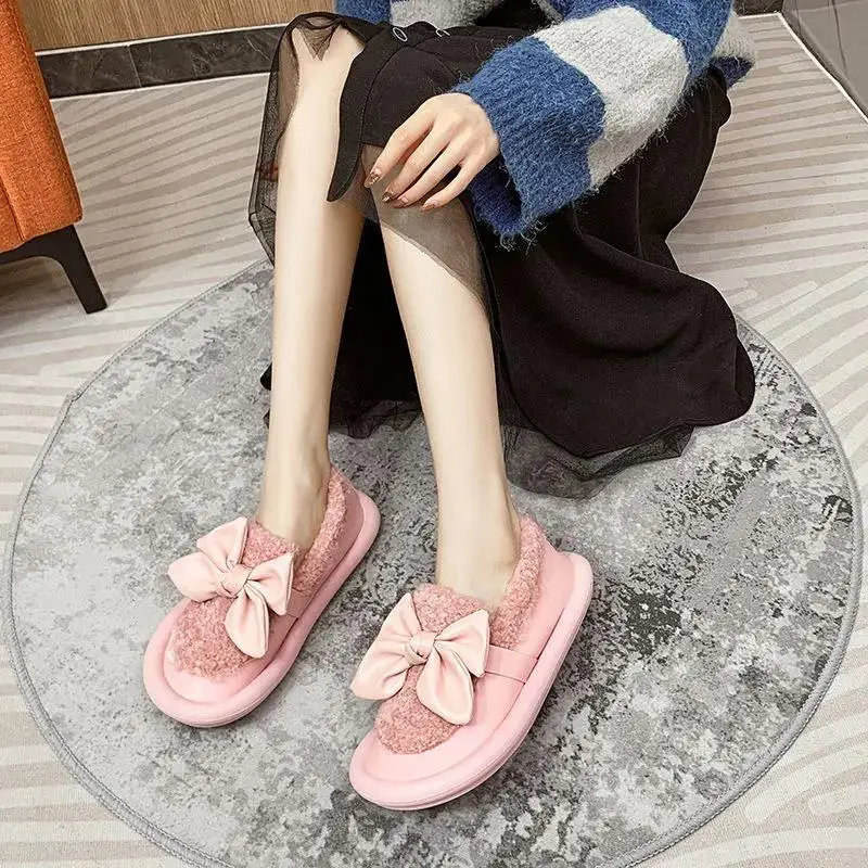 35-43 Plus Size New Winter Warm Fur Shoes Women Flats Beading Moccasins Outside Loafers Ladies Bowknot Peas Shoes