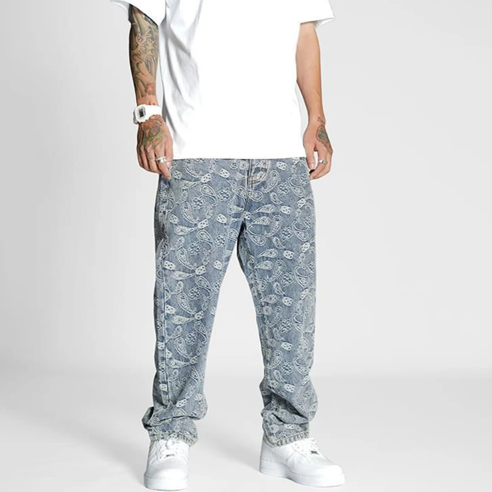 Men Jeans Trendy High Street Casual Straight  Pants Harajuku Style Fashin Men Loose Oversize  Paisley Wide Leg High Street