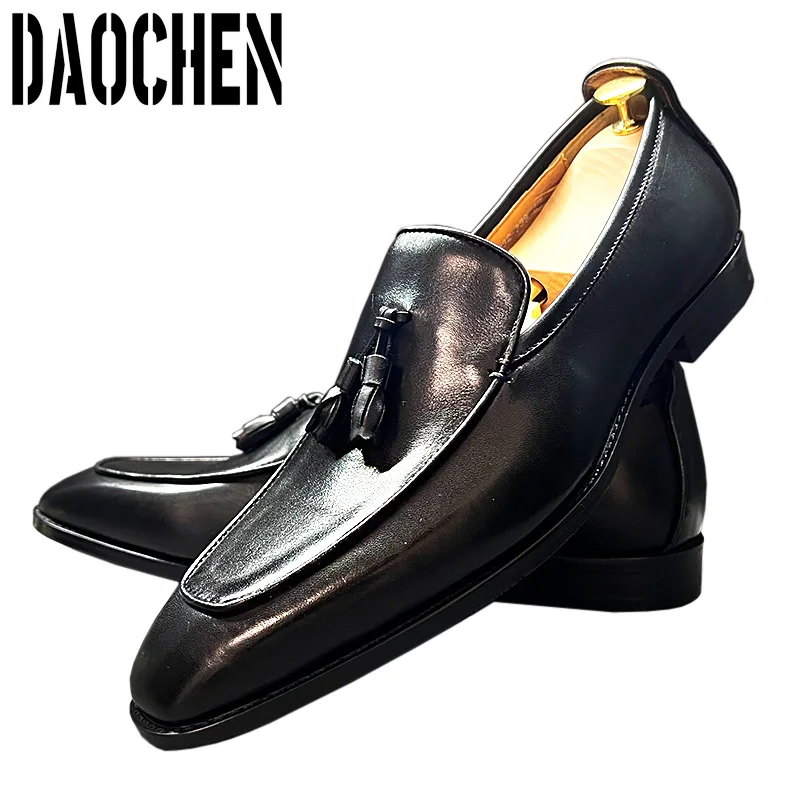 Elegant Casual Man Dress Shoes Black Brown Pointed Toe Slip On Genuine Leather Men Shoes Office Business Wedding Loafers For Men