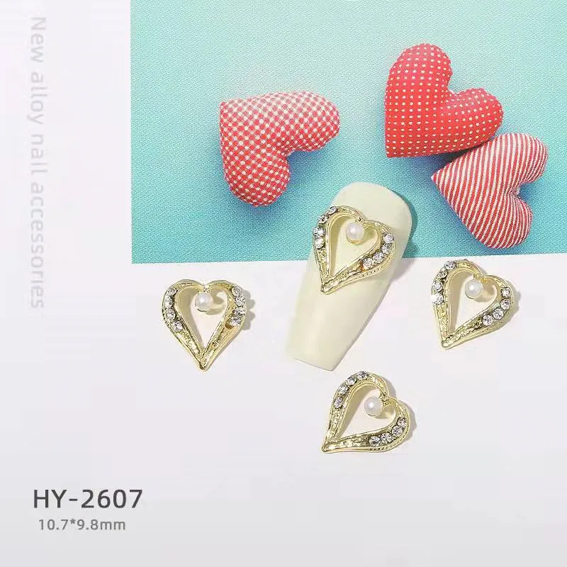 100pcs Pink-Love-Heart Nail Crystal Charm Alloy Valentine Crystal Golden Gilding Nail 3D Press On Heart Luxulry Nail Decoration enlarge