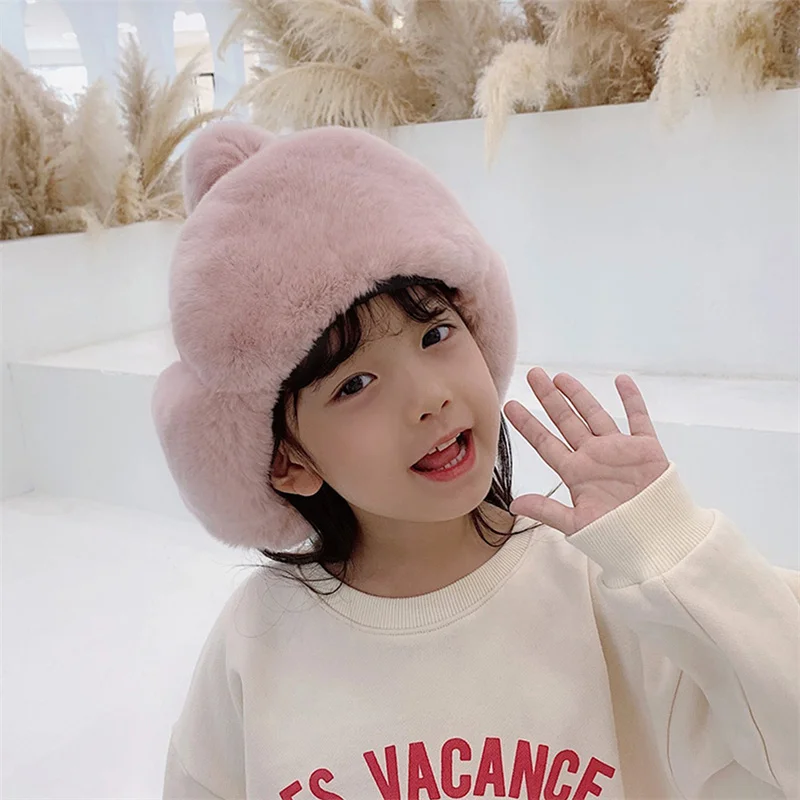 Children's Winter Thickened Warm Keeping Russian Hat Korean Ushanka Rex Rabbit Hair Earmuff Pilot Hat Girls' Baseball Hat