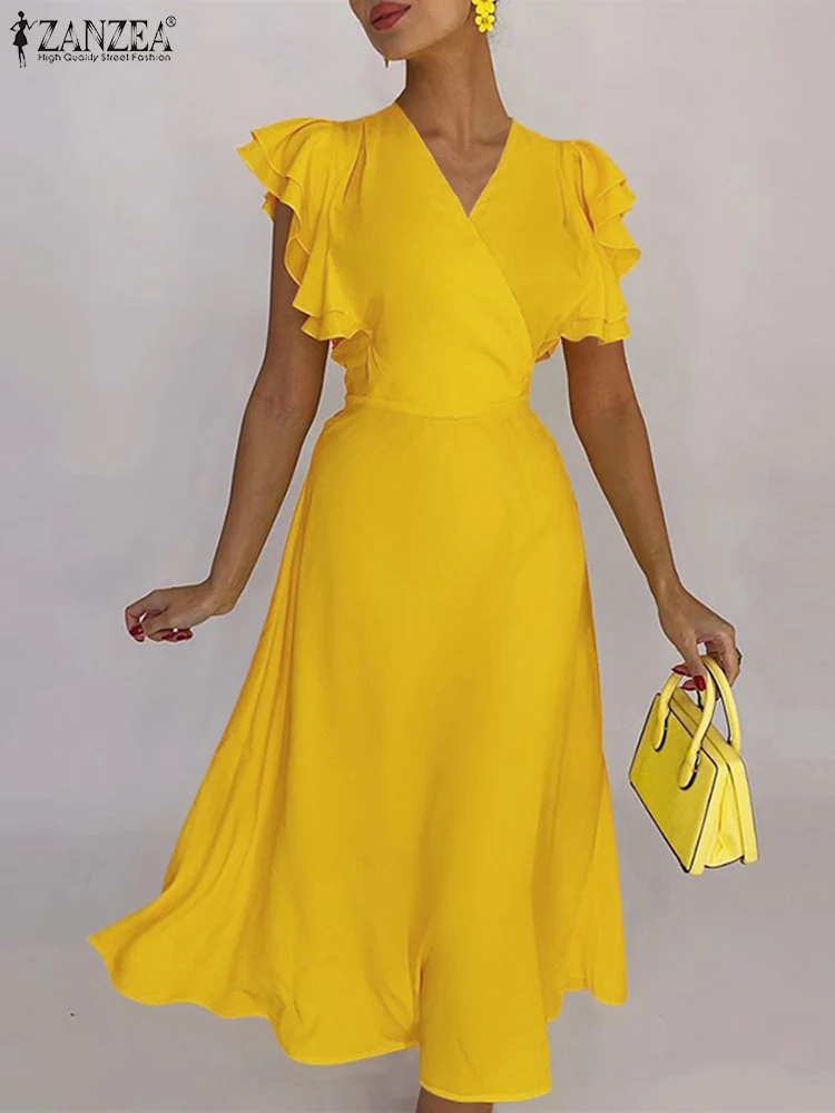

Elegant Solid Dating Maxi Vestidos 2022 ZANZEA Summer Women Ruffles Sleeve Sundress Fashion Satin Dress Oversized Robes Femme 7