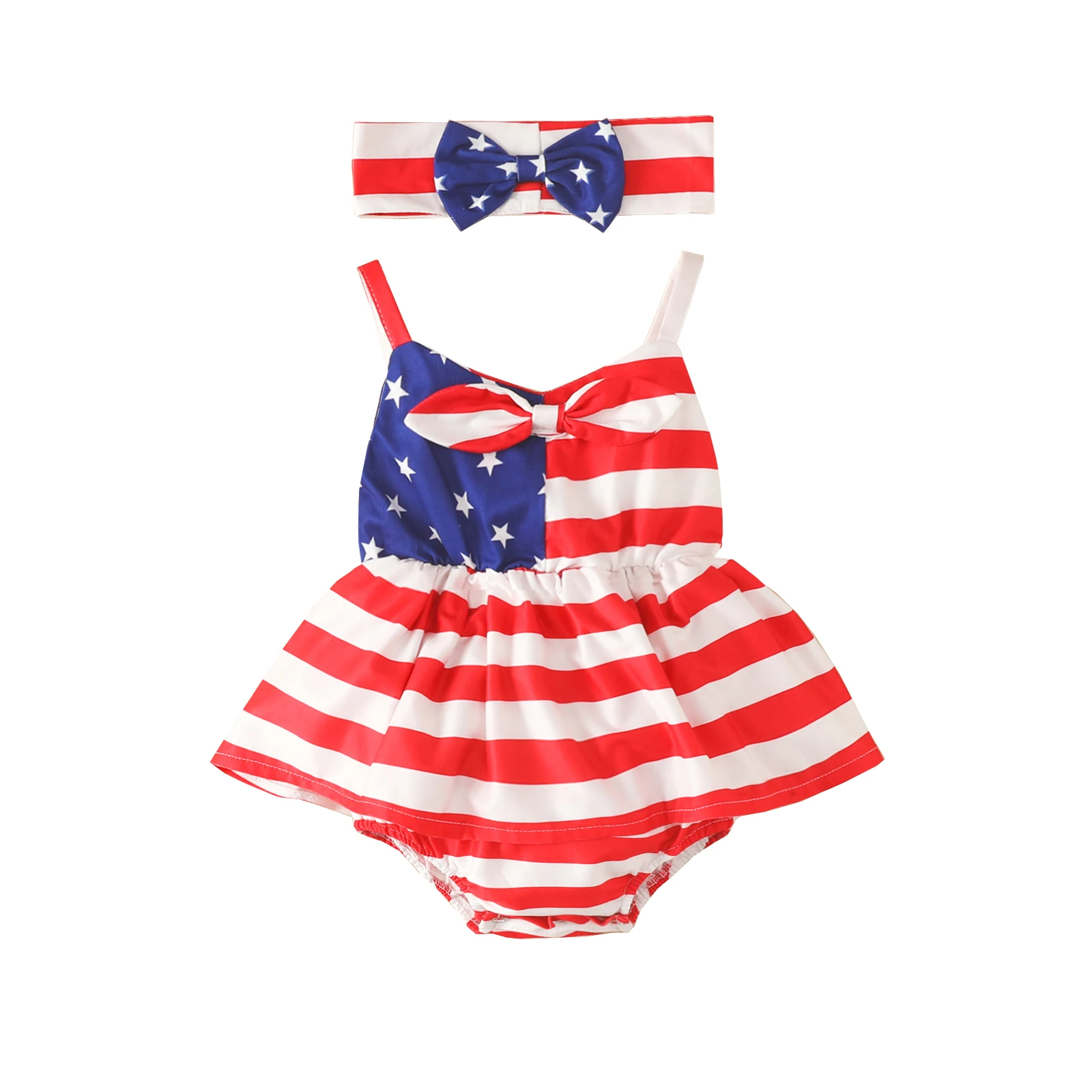 

2022-03-22 Lioraitiin 0-24M Newborn Infant Baby Girl Independence Day Clothing Summer Sleeveless Striped Printed Red Bodysuit