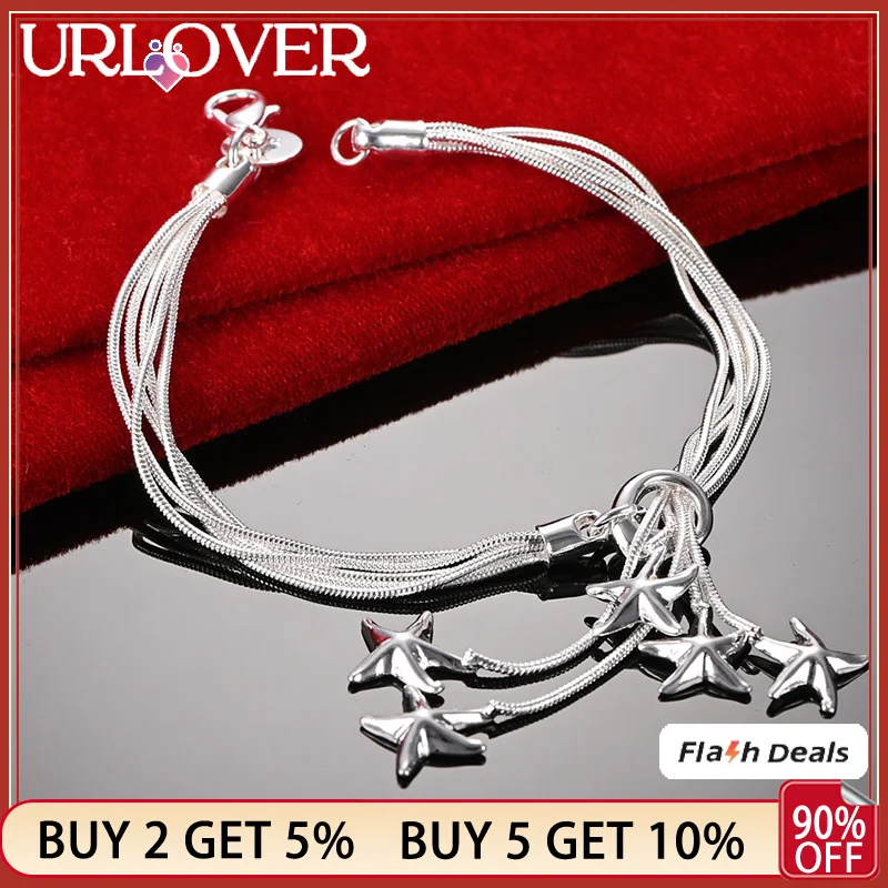 

URLOVER 925 Stamp Silver Color Star Pendant Snake Chain Birthday Gift Bracelets For Woman Wedding Party Fashion Luxury Jewelry