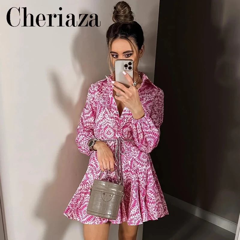 

2022Summer Woman Pink Vintage Shirt Style Printed Dress Fashion Long Sleeves Belt A Word Mini Skirt Female Buttons Dresses Mujer