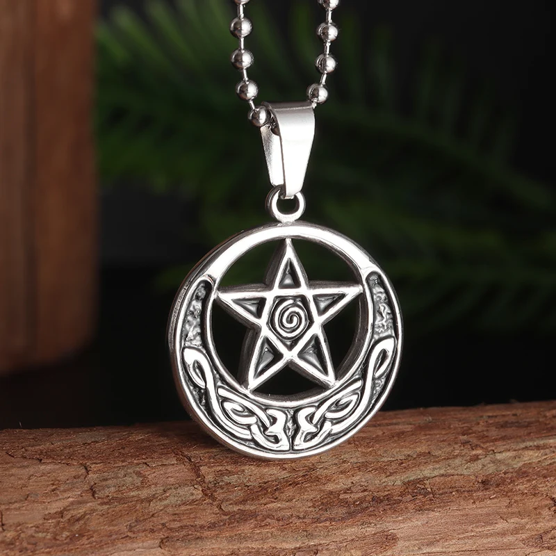 

Vintage Irish Celtic Knot Pentagram Moon Witch Knot Pendant Necklace Womens Mens Lucky Amulet Jewelry