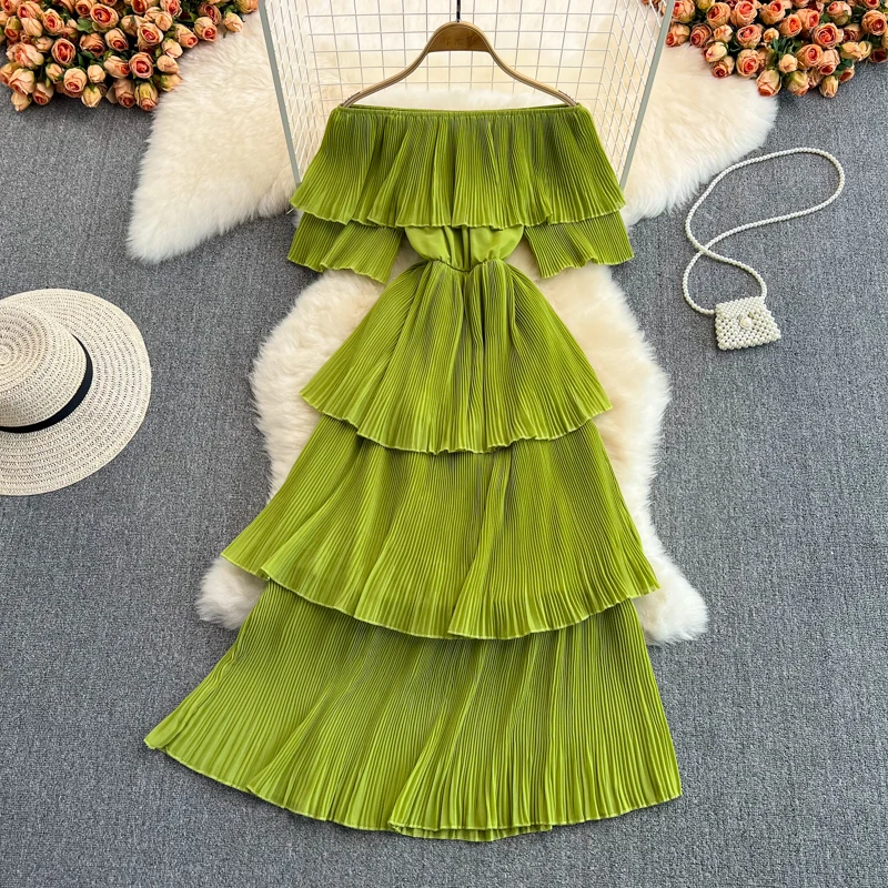 

Summer Sexy Pleated Dress Women Off The Shoulder Elegant Layer Dresses Ladies Slash Neck Solid Beach Party Dress Long Robe