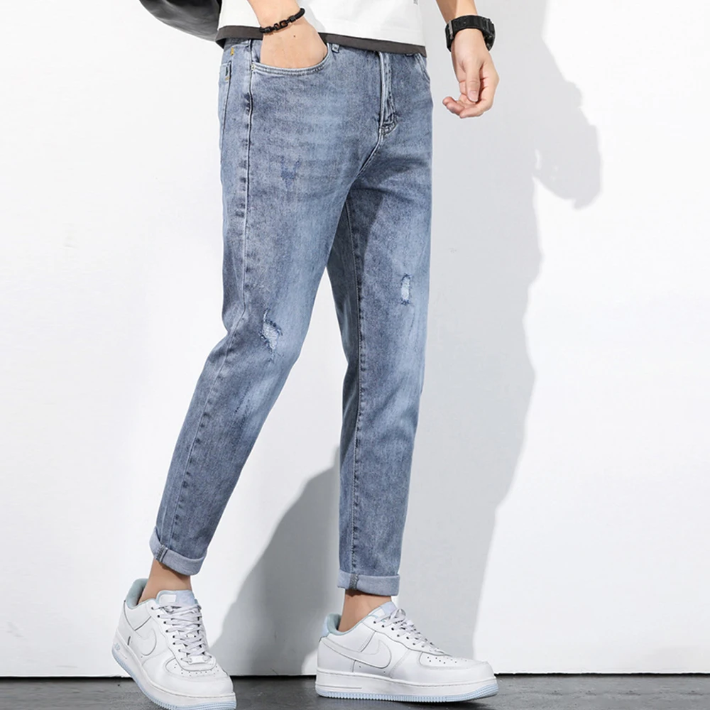 Spring Autumn Jeans Men Streetwear Denim Jogger Pants Men Hole Mid Waist Elastic Breathable Slim Jean Trousers