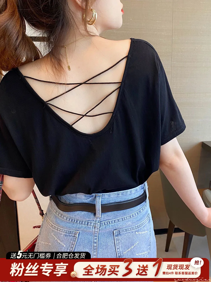 

Backless T-shirt women's summer short sleeve 2022 new design sense niche loose black T-shirt V-neck cotton linen top