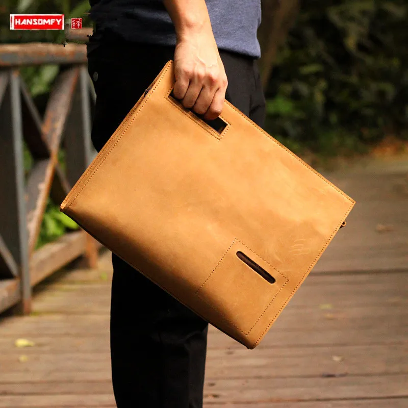 Men's Clutch Bag Leather Men Handbag Simple Personality Shoulder Messenger Bag Leather File Bags Original Crazy Horse Leather