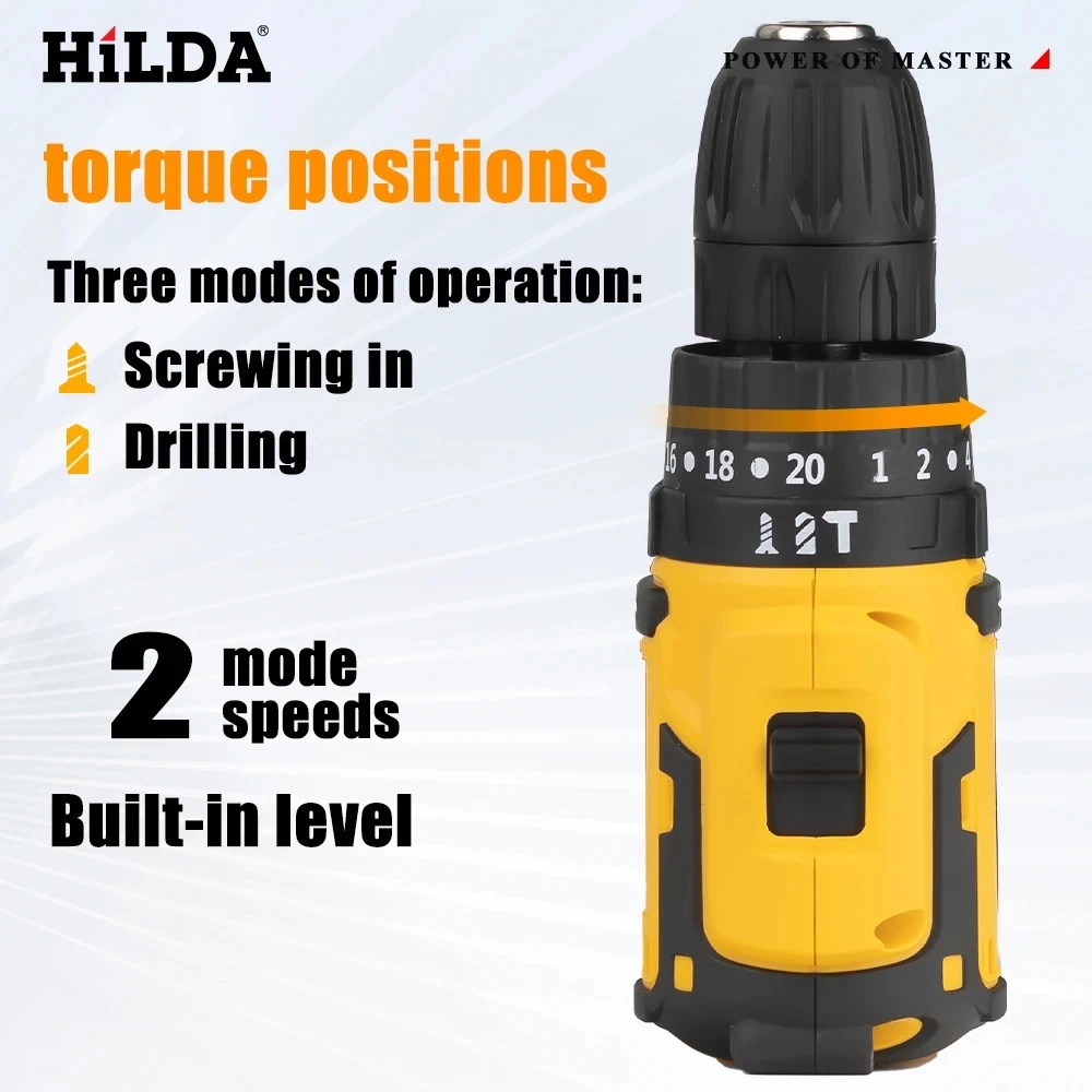 Аккумуляторная электрическая дрель HILDA 21 желтого цвета с интерфейсом Makita