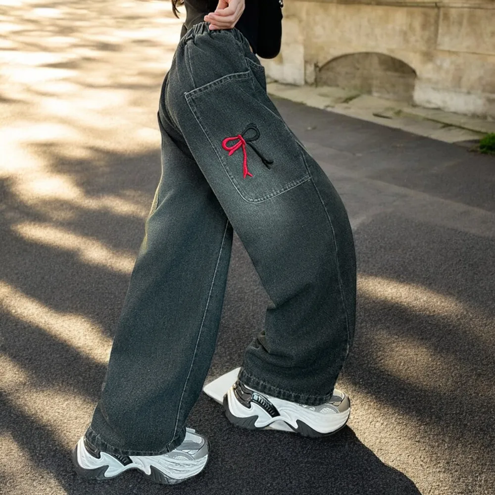 Черные джинсы с широкими штанинами для девочек детские брюки-карго мешковатые