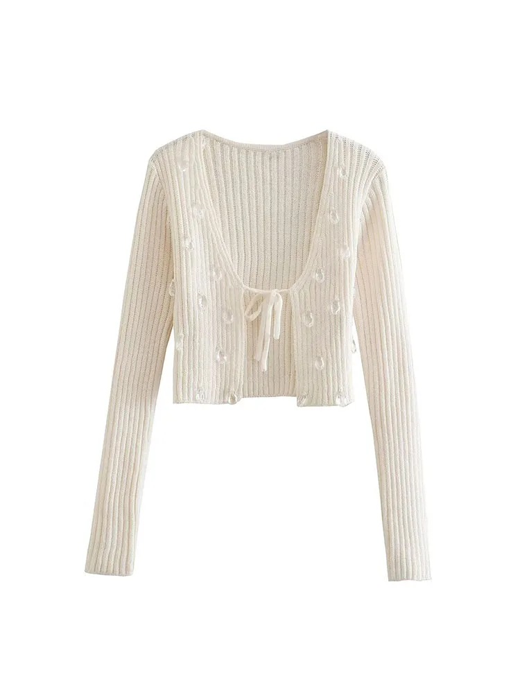 

2022 fall new women's retro solid color round neck chic faux crystal encrusted lace-up knitted cardigan slim tops