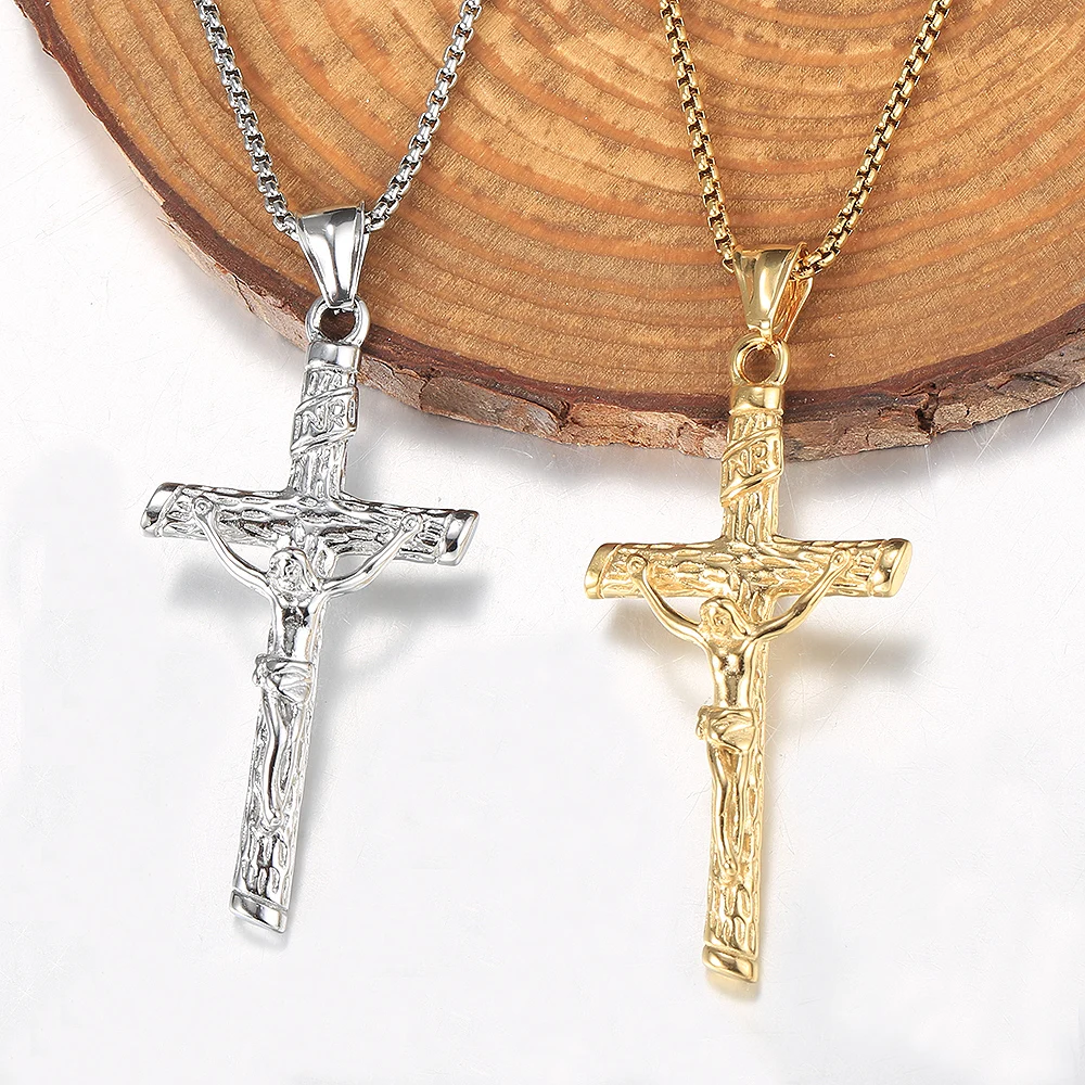 

2mm Crucifix Cross Pendant Necklace for Men Women Gold Color Silver Color Jesus Necklace Box Chain HKP687