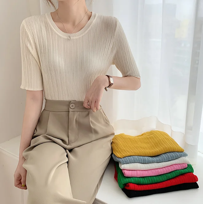 

Solid color round neck top knitted shirt for women