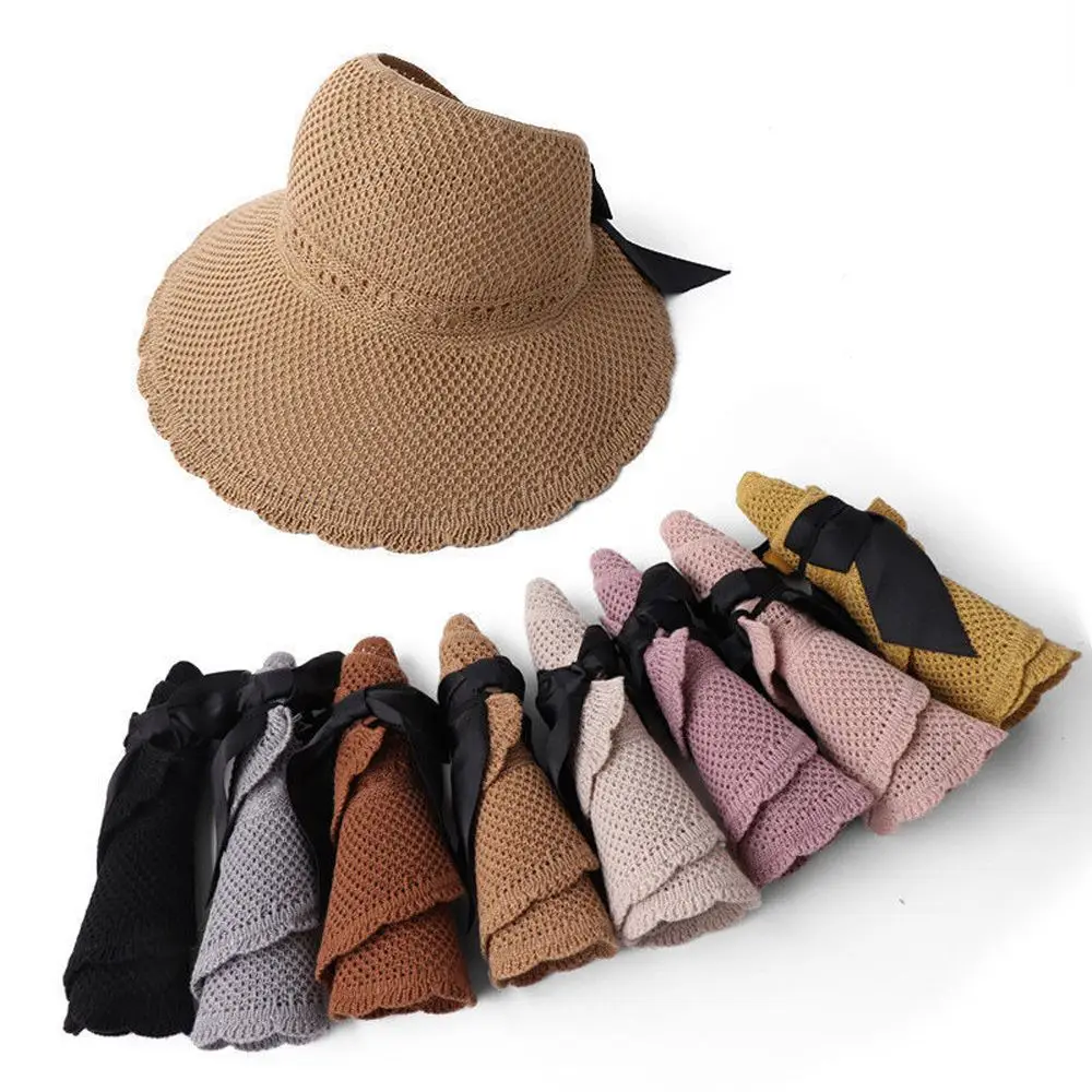 

Magic Tape Girls UV Protection Outdoor Holiday Empty Top Visors Cap Summer Sun Hat Wide Brim Beach Hat Women Straw Hat