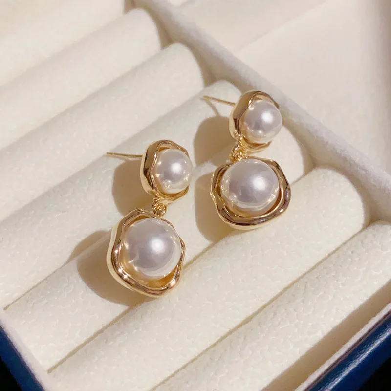 

New 14K Gold Plating Pearls Dangle Earrings For Women Girls Fashion 925 Silver Needle Metal Drop Earring Wedding Jewelry Gift