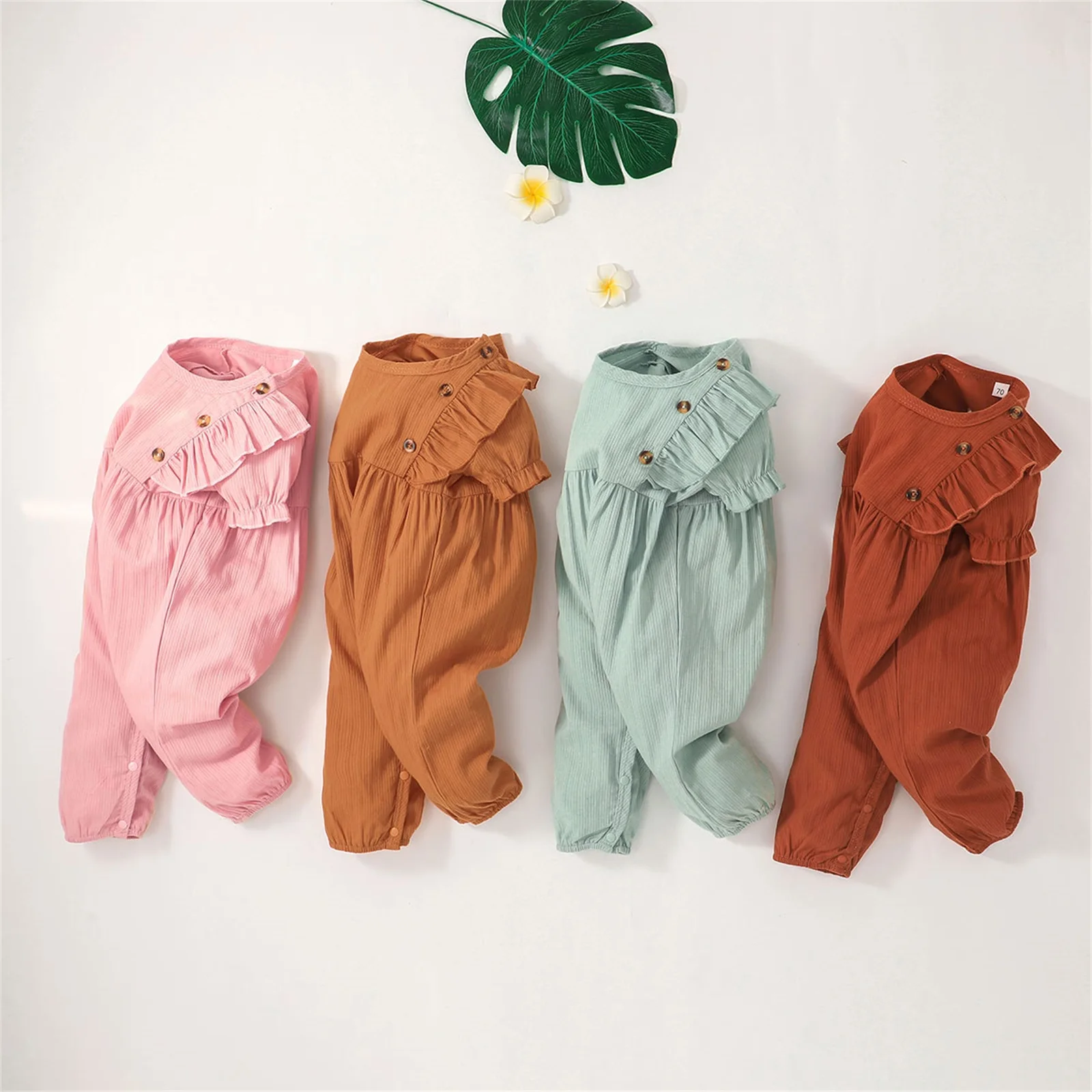 

Комбинезоны для новорожденных девочек, милые летние ребристые однотонные Комбинезоны на пуговицах, с коротким рукавом и оборками, длинные ...