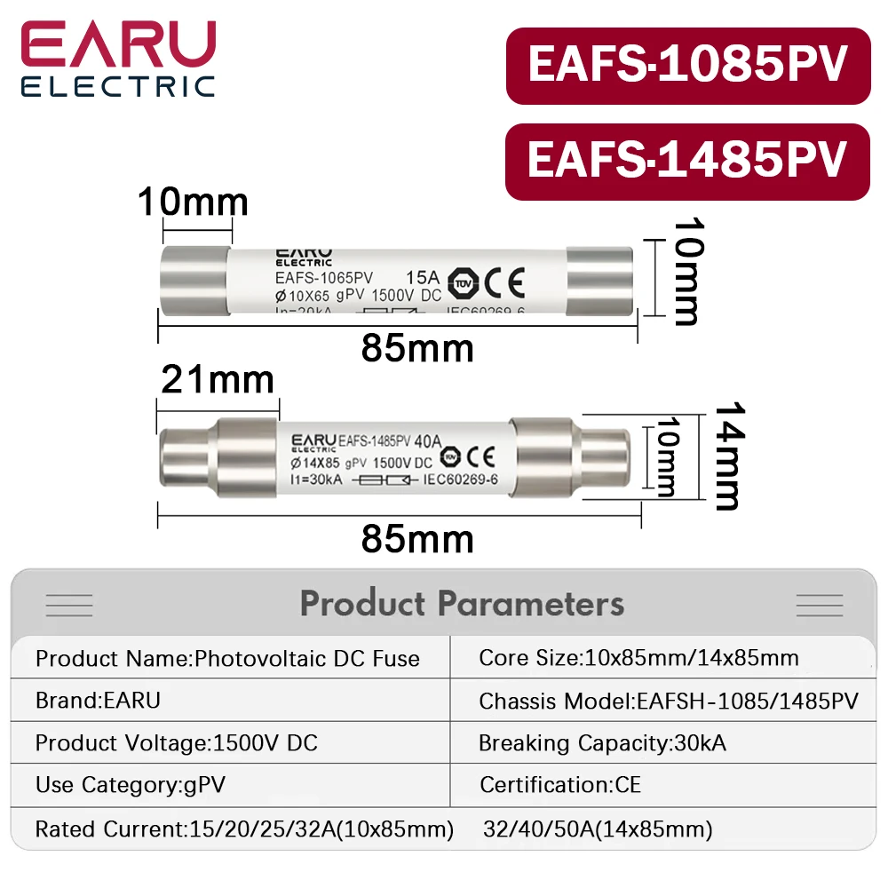 1 шт. солнечные фотоэлектрические предохранители постоянного тока 1000 В 1500 6А 10А 15А