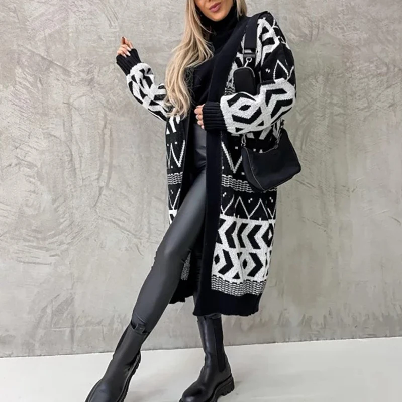 

Женский трикотажный свитер с геометрическим принтом, осенняя куртка средней длины с V-образным вырезом, пальто, зимний женский Кардиган с длинным рукавом и карманами, джемпер