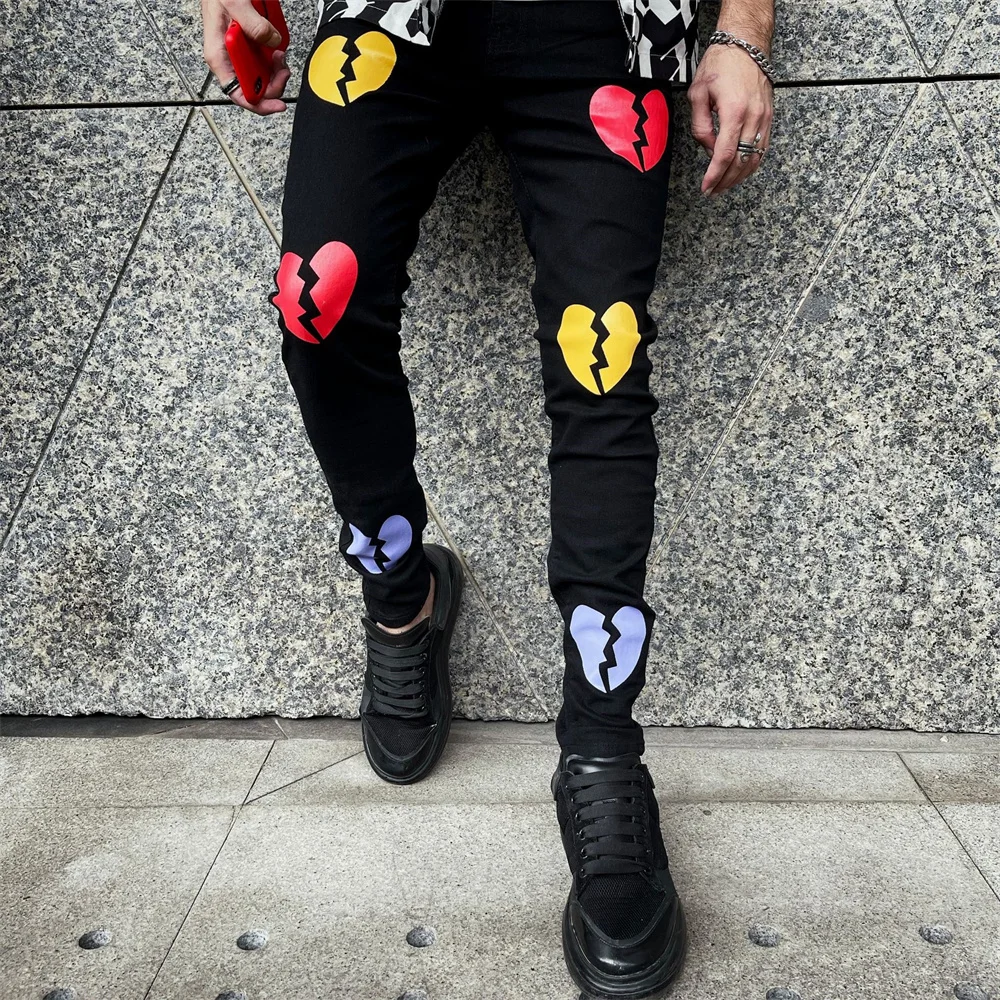 New Men Trend Black Jeans Fashion Street Trousers Cozy Skinny Broken Heart Printed Design Soft Denim Pants Mens Clothing