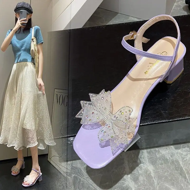 Summer Women French Rhinestone Bow Thick With Transparent Joker Sandals.