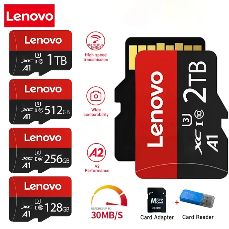 Фото Карта памяти Lenovo 2TB High-Speed V30 A2 4K SD 512GB 256GB 128GB 1TB Micro TF SD с адаптером для смартфона/планшета/ПК, универсальная №1