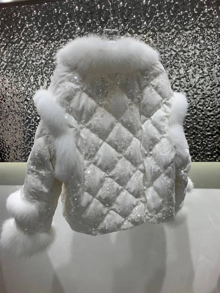 Luxury Woman V-neck Velvet Sequin Stitching Fox Fur Down Coat 2022 Winter New Women's Detachable Two-Way Jackets Feminino