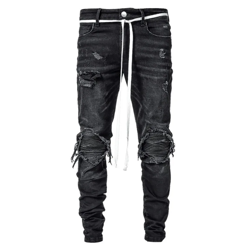 2022 New Mens Jeans Elastic Leggings Locomotive Hole Jeans Men Streetwear Men Ripped Jeans Full Length Denim Pants