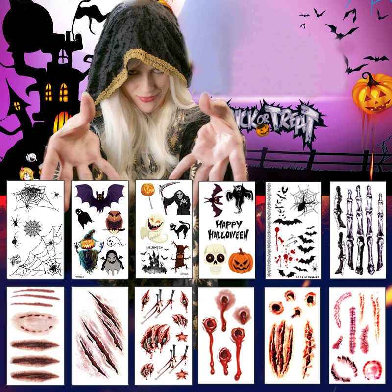 

Waterproof Halloween Temporary Tattoos Stickers Zombie Scar Tattoo with Bloody Makeup Wounds Decoration Wound Scary Blood Sticky