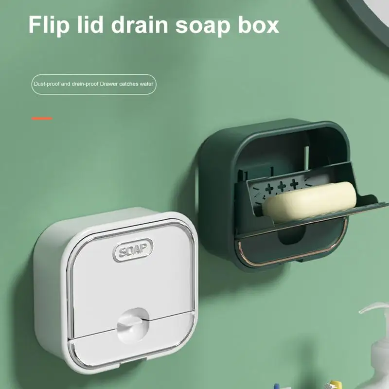 

T2022 Drain Free Perforated Wall-Mounted Toilet Household Soap Dish Laundry Soap Holder Flip Soap Dish With Lid