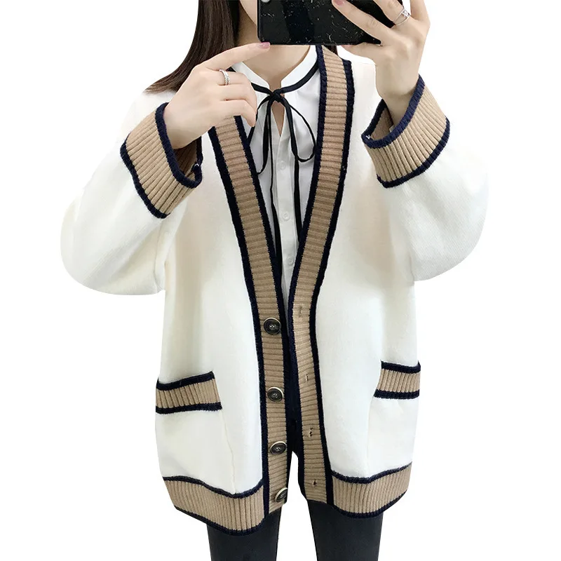 

Новинка Осень 2022, Свободный вязаный кардиган в стиле колледжа, свитер, женское ленивое ветрозащитное пальто в стиле Ins