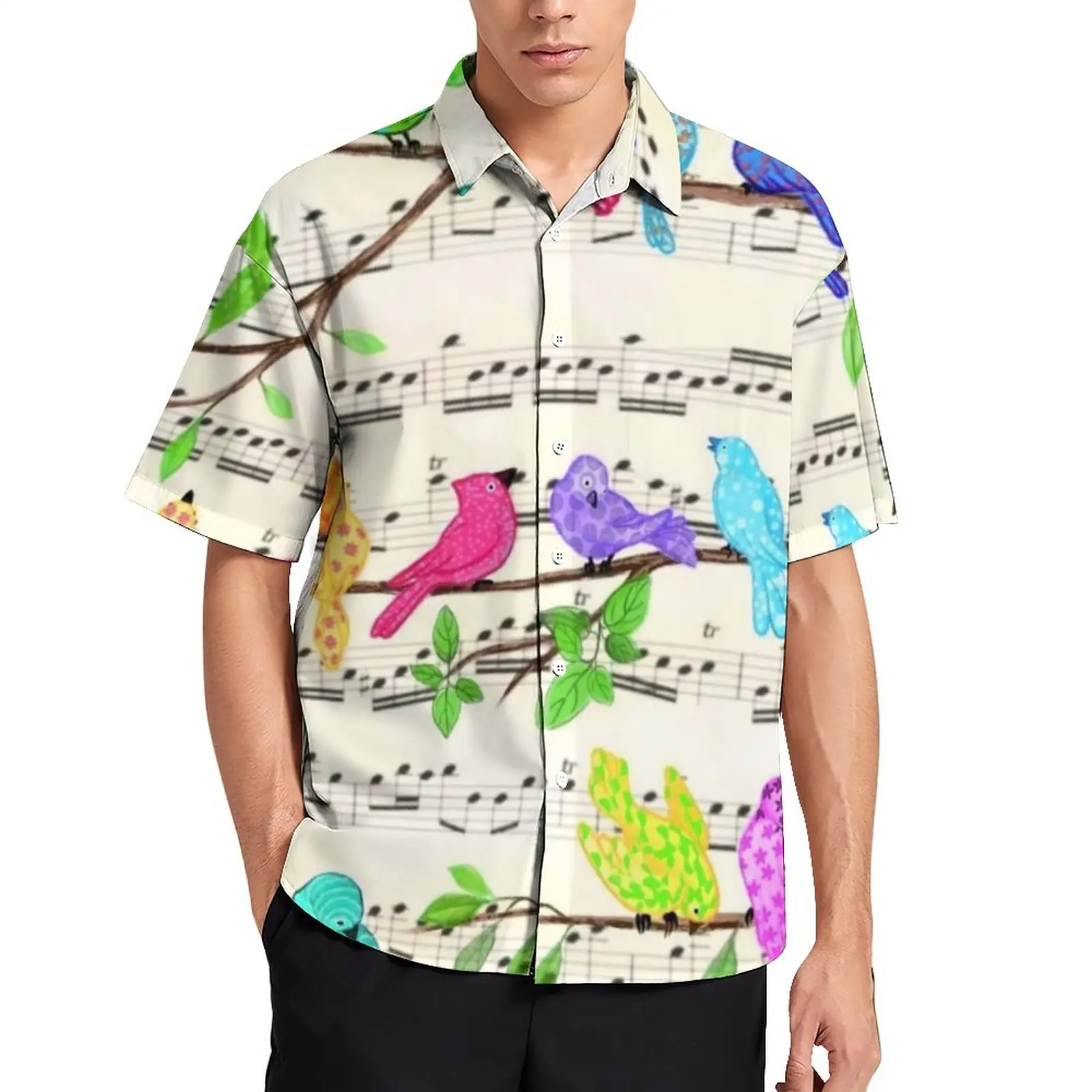 

Happy Music Loose Shirt Men Beach Cute Colorful Musical Birds Casual Shirts Hawaii Custom Short Sleeve Trending Oversize Blouses