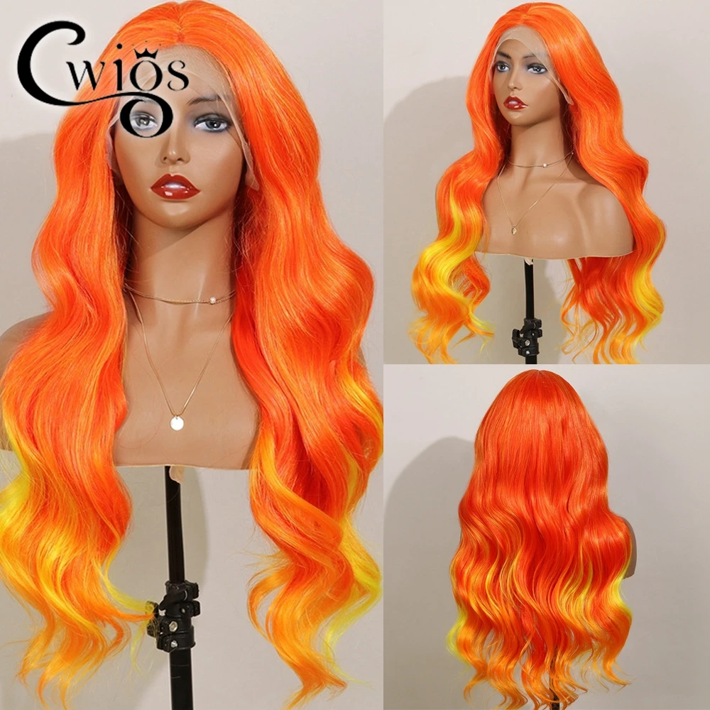 Body Wave Yellow Orange Ombre Color Transparent 13X4 Lace Front Synthetic Wigs For Black Women Drag Queen Party Preplucked