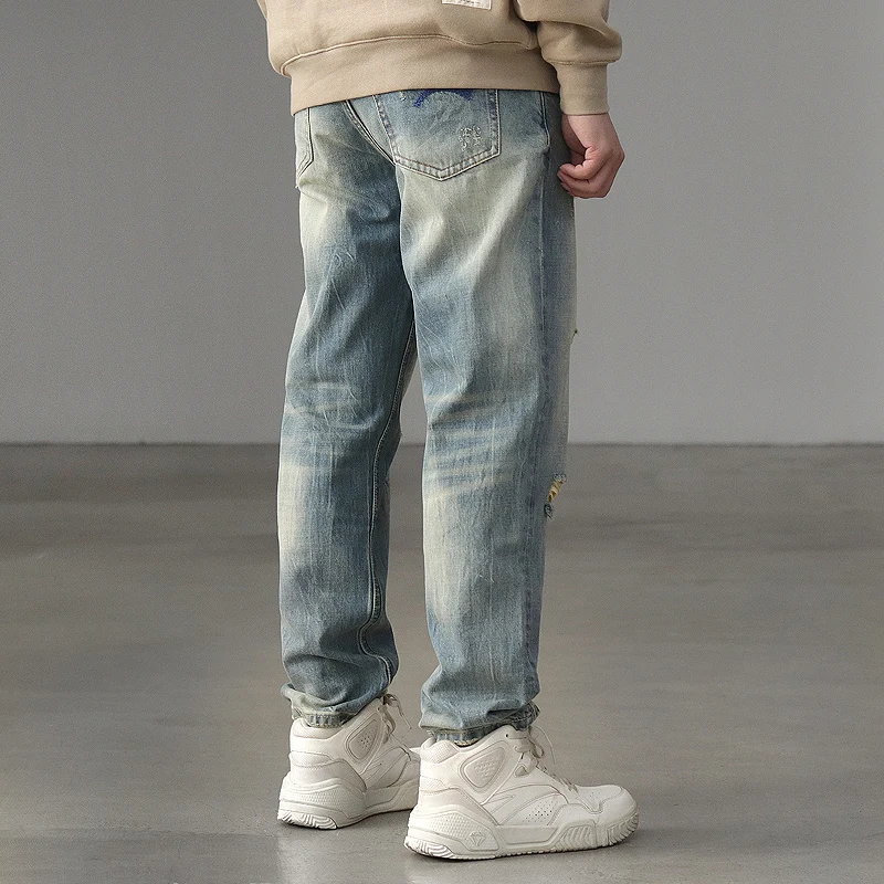 Torn jeans straight tube loose wash do old spring and autumn new n style retro zipper casual pants for men
