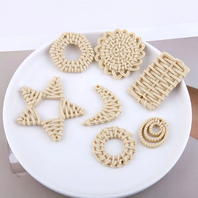 

New 6pieces Acrylic Rattan Weaving Beige Star Moon Flowers Charms Pendant for DIY Earring Jewelry Making Finding Accessories