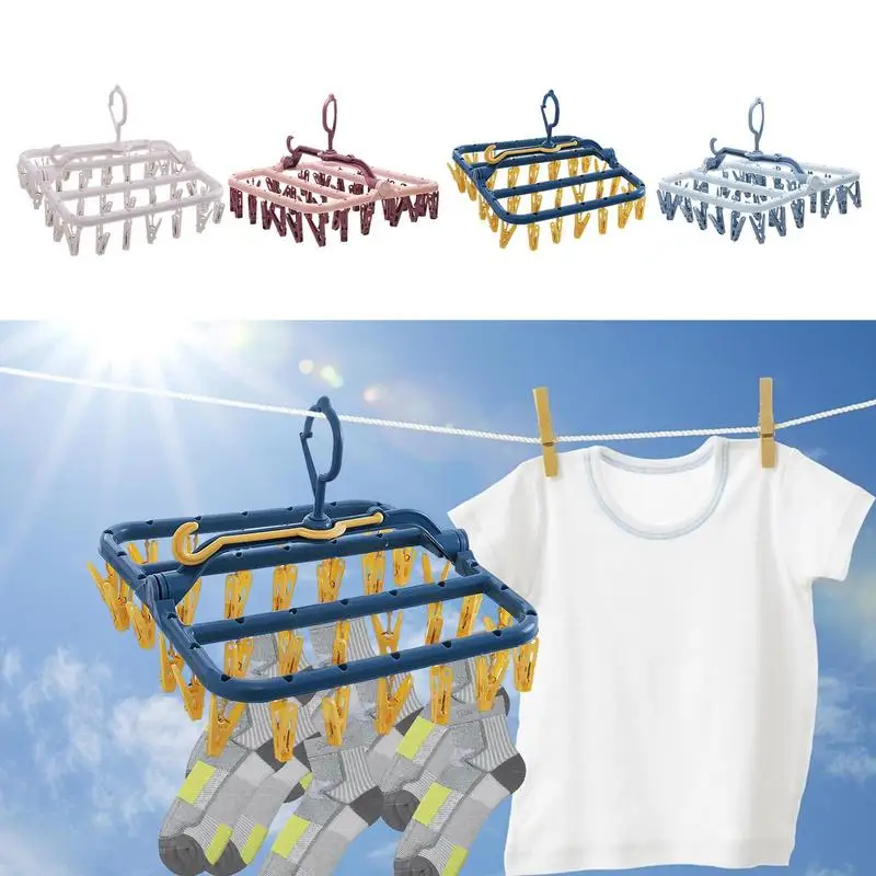 

Sock Hanger 32 Clips Dryer Rack For Drying Space-Saving Drip Hangers With Windproof Rotatable Hook - For Towel Bras Hat Gloves