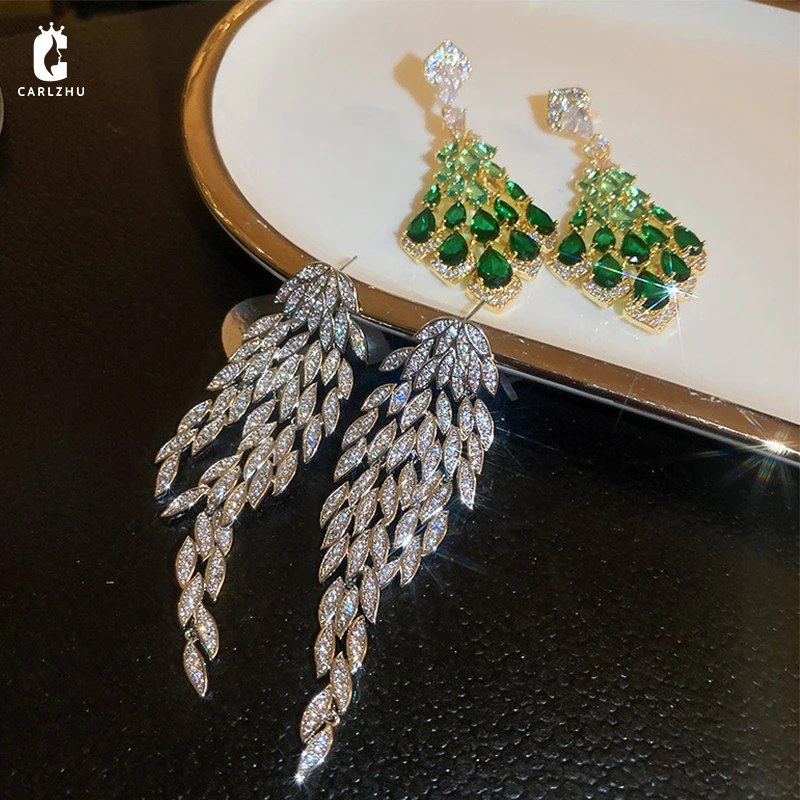 

2022 Fashion Luxury Delicate Micro Inlaid Cubic Zircon CZ Leaves Feather Drop Earrings for Women Wedding Party Elegant Jewelry