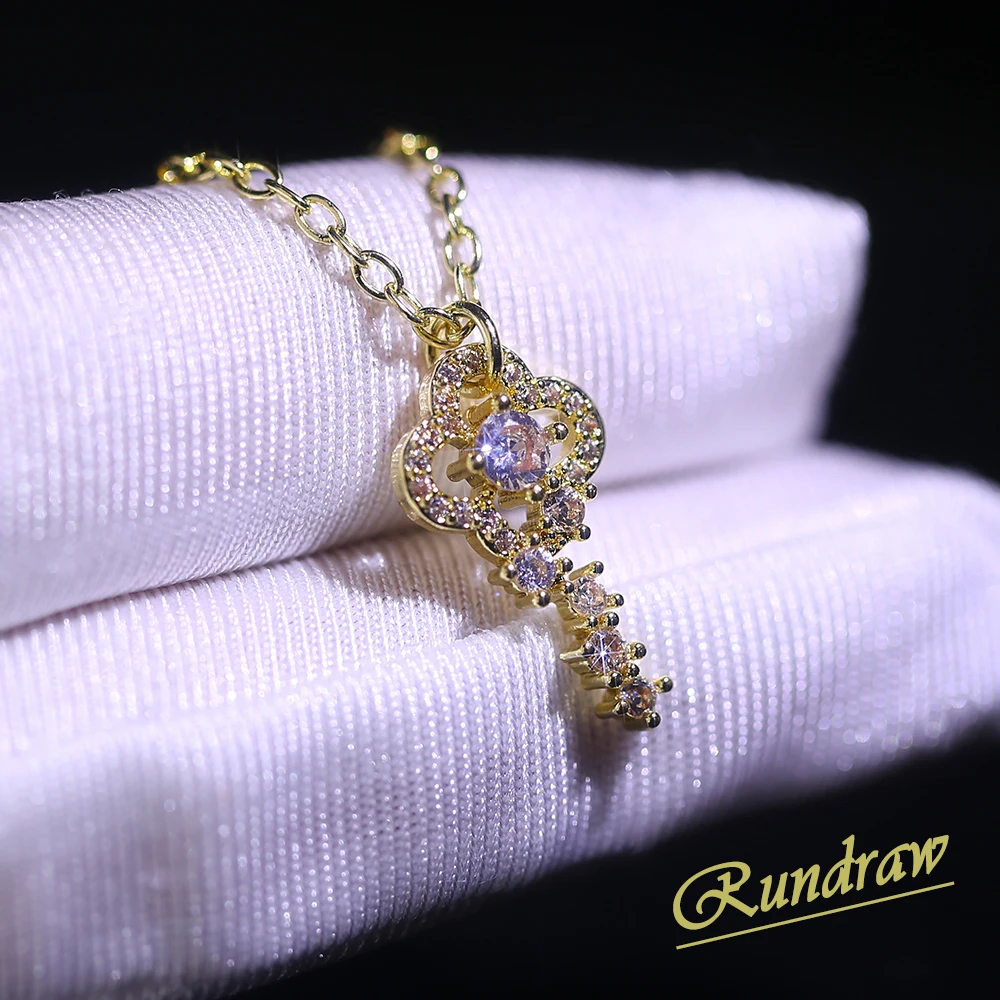 

Rundraw Fashion Exquisite Sparkling Zircon Key Pendant Necklace Bohemia Gold Color Flower Clavicle Chain for Women Jewelry Gift