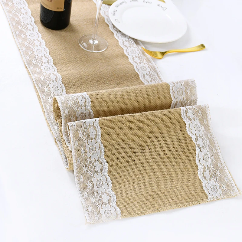 

180-275cm Natural Burlap Linen Table Runner White Flower Print Lace Table Runner for Wedding Party Tabletop Decoration Christmas