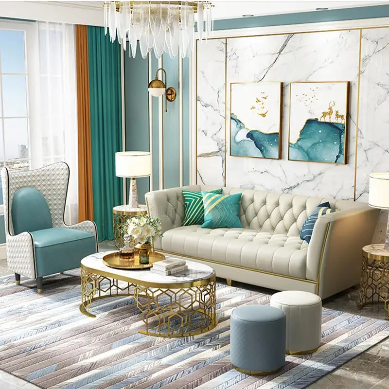 

Leather Sofa Combination Large And Small Apartment Living Room Sofa Nordic Modern Long Chair Silla Escritorio Furniture FGM