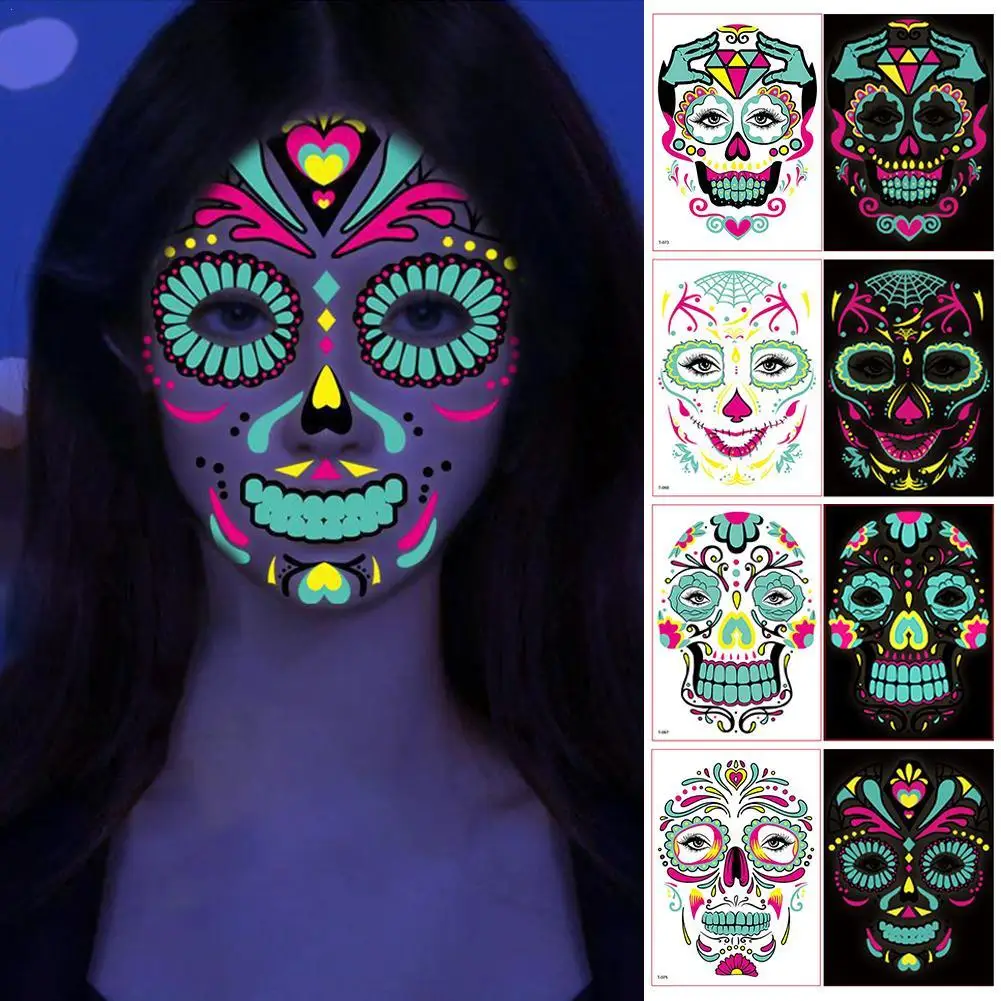 

Day Of The Dead Tattoo Sticker Festival Skull Face Decor Fancy Dress Party Funny Makeup Halloween Waterproof Face Tattoo Sticker