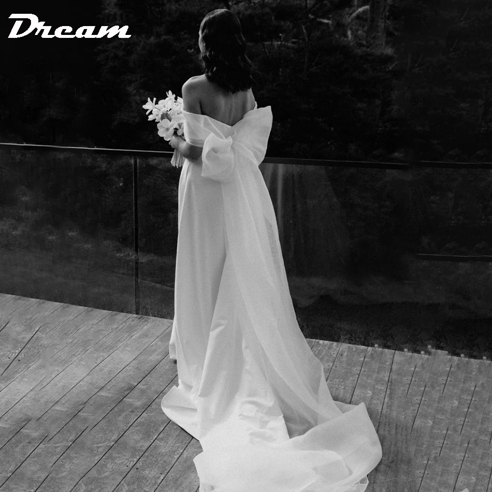 

DREAM Off Shoulder Elegant Minimalist Wedding Dress Organza Big Bow Train Plain Soft Satin Bridal Gowns A Line