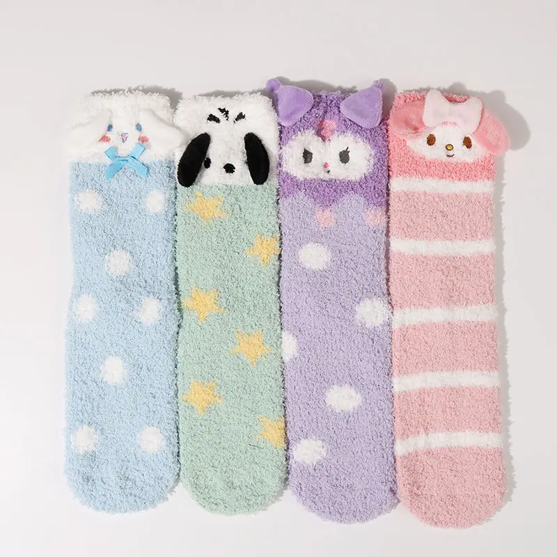 

Kawaii Sanrios Socks Cute Kuromei My Melody Cinnamoroll Cartoon Thickened Medium Tube Home Socks Plush Toys for Girls Gifts