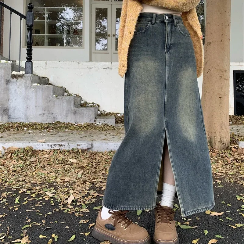 

Retro High Waist Slit Denim Skirt Women'S Autumn And Winter 2023 New Fleece-Lined Thickened Blue Slimming A- Line Dress