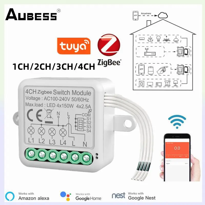 

Модули смарт-выключателей Tuya Zigbee Mini, 1/2/3/4 клавиши, реле выключателя с таймером, дистанционное Голосовое управление через Smart Life Alexa Google
